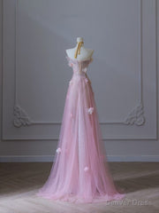 Modest A Line Sweetheart Pink Tulle Sequin Flowers Evening Dress Prom Dresses