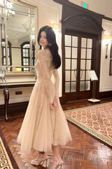 Modest A Line V Neckline Lace Ankle Length Evening Dress Prom Dresses