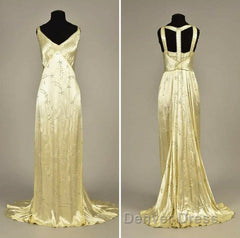 Modest A Line V Neckline Yellow Satin Beads Long Party Dresses Prom Dresses