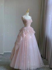 Modest Ball Gown Straps Pink Tulle Prom Dresses 22Th Birthday Outfit