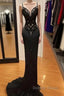 Modest Black Spaghetti Strap Mermaid Satin Prom Dresses Long Prom Dresses