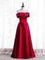 Modest Burgundy Satin Off the Shoulder Pearls Prom Dresses