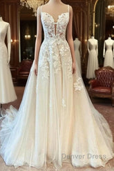 Modest Long A-line Spaghetti Straps Tulle Wedding Dresses with Appliques Lace