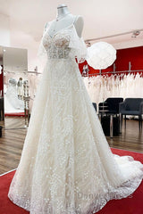 Modest Long A-line Sweetheart Tulle Lace Appliques Wedding Dresses with Sleeves