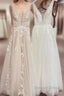 Modest Long A Line V Neck Backless Tulle Lace Wedding Dresses