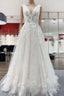 Modest Long A Line V Neck Open Back Tulle Wedding Dresses with Appliques Lace