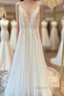 Modest Long A Line V Neck Spaghetti Straps Tulle Wedding Dresses with Appliques Lace