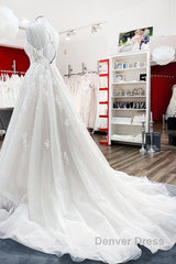 Modest Long Princess V-neck Tulle Spaghetti Straps Wedding Dresses with Lace