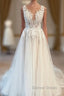 Modest Long V Neck Sleeveless Lace Backless Wedding Dresses Online
