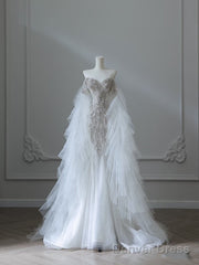 Modest Mermaid Off The Shoulder White Tulle Long Wedding Dresses Brides Dress