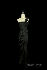 Modest Mermaid One Shoulder Black Satin Long Prom Dresses Party Dresses