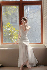 Modest Mermaid Spaghetti Straps White Long Evening Dress Prom Dresses