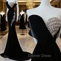 Modest Mermaid Strapless Black Long Floor Length Beads Prom Dresses