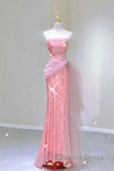 Modest Mermaid Strapless Pink Tulle Ruffles Long Party Dresses Prom Dresses