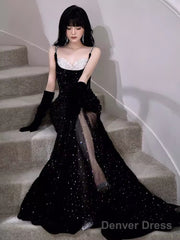 Modest Mermaid Straps Sleeveless Long Black Sequin Prom Dress