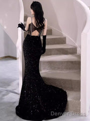 Modest Mermaid Straps Sleeveless Long Black Sequin Prom Dress