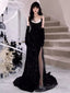 Modest Mermaid Straps Sleeveless Long Black Sequin Prom Dress