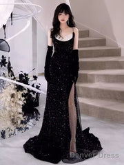 Modest Mermaid Straps Sleeveless Long Black Sequin Prom Dress