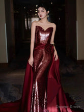 Modest Mermaid Sweetheart Burgundy Floor Length Evening Dress Sequin Prom Dresses