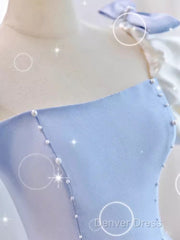 Modest Princess Short Sleeves Long Blue Satin Prom Dresses