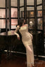 Modest Sheath Off The Shoulder Long Sleeves Beige Prom Dress