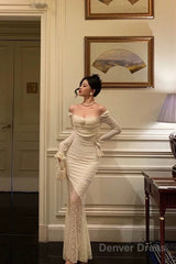 Modest Sheath Off The Shoulder Long Sleeves Lace Prom Dresses Evening Dress