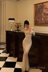 Modest Sheath Off The Shoulder Long Sleeves Lace Prom Dresses Evening Dress