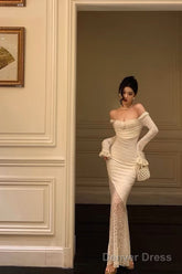 Modest Sheath Off The Shoulder Long Sleeves Lace Prom Dresses Evening Dress