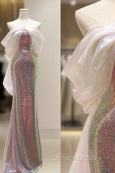 Modest Sheath Off The Shoulder Sequin Long Party Dresses Pink Prom Dresses