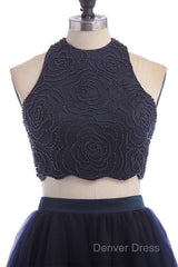 Modest Two Pieces Sleeveless Hollow Navy Blue Homecoming Dresses