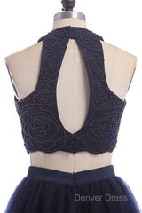 Modest Two Pieces Sleeveless Hollow Navy Blue Homecoming Dresses