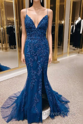 Navy Appliques Lace-Up Back Mermaid Long Prom Dresses With Slit