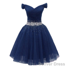 Navy Beaded Sweetheart Off Shoulder Tulle Homecoming Dress, New Style Short Prom Dresses