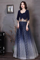 Navy Blue A-Line Short Sleeves Floor Length Party Dress, Navy Blue Bridesmaid Dress