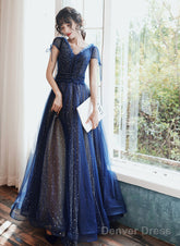 Navy Blue A-Line Short Sleeves V-Neckline Party Dress, Navy Blue Prom Dress