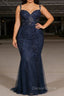 Navy Blue A Line Spaghetti Straps Prom Dresses with Appliques