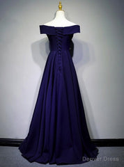 Navy Blue A-line Spandex Long Prom Dress, Off Shoulder Bridesmaid Dress