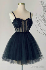 Navy Blue A line Sweetheart Tulle Beads Short Homecoming Dress Party Gown