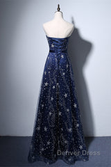 Navy Blue A-Line Tulle Long Evening Dresses, Navy Blue Prom Dresses