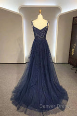 Navy Blue A-Line Tulle With Lace Prom Dresses, Navy Blue Long Party Dresses