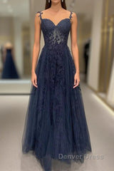 Navy Blue A-Line Tulle With Lace Prom Dresses, Navy Blue Long Party Dresses
