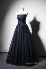 Navy Blue A-Line Tulle With Lace Scoop Long Prom Dresses, Navy Blue Evening Dresses