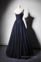 Navy Blue A-Line Tulle With Lace Scoop Long Prom Dresses, Navy Blue Evening Dresses