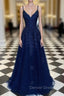 Navy Blue A Line V Neck Floor Length Chiffon Prom Dresses With Lace Sequins