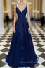 Navy Blue A-Line V-neck Floor-Length Chiffon Prom Dresses With Lace Sequins