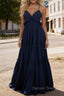 Navy Blue A-line V Neck Sleeveless Floor-Length Chiffon Prom Dress Long Prom Dresses Backless with Pleated Ruffles