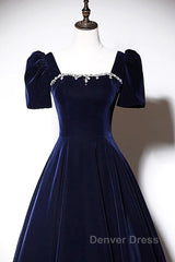 Navy Blue A-Line Velvet Long Evening Dresses, Short Sleeves Beaded Prom Dresses