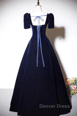 Navy Blue A-Line Velvet Long Evening Dresses, Short Sleeves Beaded Prom Dresses