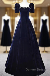 Navy Blue A-Line Velvet Long Evening Dresses, Short Sleeves Beaded Prom Dresses
