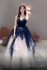Navy Blue And Ivory Tulle Sweetheart Formal Dress, Layers Tulle Prom Dress